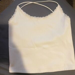 American eagle White lace trim cami top with cross cross straps
